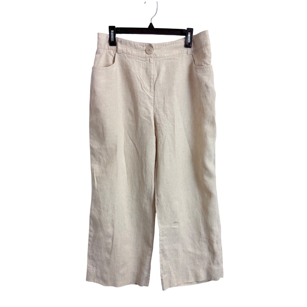 Style & Co Womens Beige Wide Leg Gold Pinstripe Pants Size 16 100% Linen